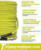 Pressure Washer Hose 125FT 3/8" for Cold and Hot Water 212°F, with Swivel Quick Connect, 4500PSI Kink Resistant Grade Steel Wire Braided, Power Washer Hose With 2pcs M22-14mm Adapter