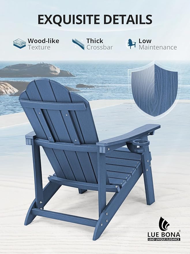 LUE BONA HDPE Adirondack Chairs Set of 4,Plastic Adirondack Chairs with Cup Holder Weather Resistant for Outdoor, Patio, Lawn, Garden, Backyard Deck, Fire Pit, Blue