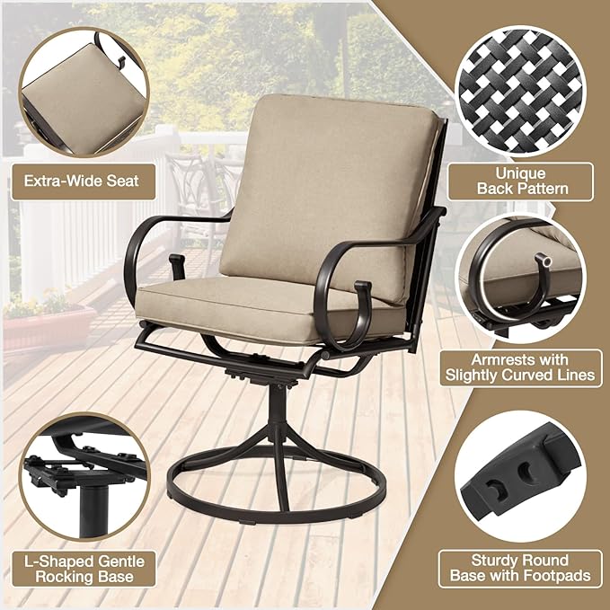 MELLCOM Patio Swivel Chair Set of 4, Heavy Duty Outdoor Dining Chairs with Thickened Cushions, Metal Patio Chairs Gentle Rocker for Outside, Garden Lawn & Porch, Backyard, Khaki