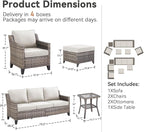 Patio Furniture Set, 6 Pieces Outdoor Wicker Rattan Sofa Couch with Rattan Chair, Side Table, Ottomans and Comfy Cushions, All Weather Patio Conversation Sets, Suit for Porch Deck Garden