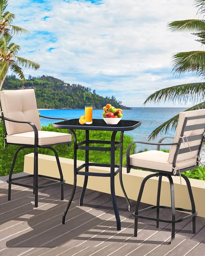 Patio Swivel Bar Stools, Outdoor High Back Swivel Bar Chair Set of 4 with Cushion & All Weather Steel Frame for Backyard, Lawn, Poolside and Balcony, Beige