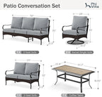PHI VILLA Outdoor Modern Patio Furniture Set, Upgraded Wicker&Metal Patio Furniture Conversation Set with Waterproof Thick Cushions for Porch, Poolside, Deck, and Yard (5 Pieces,Grey)