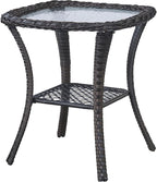 Outdoor Side Table, Brown Rattan Wicker Patio Side Table, Patio End Table, Small Outdoor Side Table with Glass Tabletop and Storage Shelf (Brown)