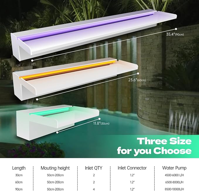 Pond Waterfall Spillway, APP Control Multi-Color LED Light Outdoor Pool Fountain, Acrylic Water Spillway Koi Fountains Kit for Garden Patio Swimming Pool Decoration - 23.6"x7.8"x3.9"