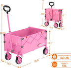 Wagons Carts Foldable, Lightweight Portable Utility Shopping Cart with Wheels, Folding Grocery Wagon Cart for Grocery, Camping, Shopping, Beach, Garden, Sports Pink