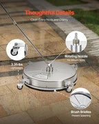VEVOR 18" Pressure Washer Surface Cleaner, Stainless Steel Pressure Washer Attachments with 4 Wheels, 4000 Max PSI, 1/4 Quick Connector, 2 Spray Nozzles, 2 Extended Wands for Concrete, Patio, Deck