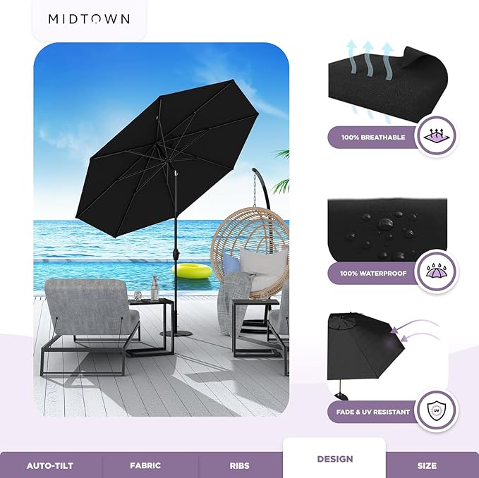 Midtown Umbrellas 10-Year-No-Fade - 8 Ft - UV Proof Ebony (Black) Polyester Fabric - Umbrella Outdoor Patio, Auto-Tilt Aluminum Frame Patio Umbrella for Garden, Pool & Deck - Black Pole