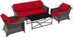 4 Pieces Outdoor Conversation Furniture Set - 77" Patio Sofa, 2 Wicker Armchairs, 1 Metal Coffee Table, Patio Wicker Furniture Set with Water-Resistant Cushions for Sunroom (Red)