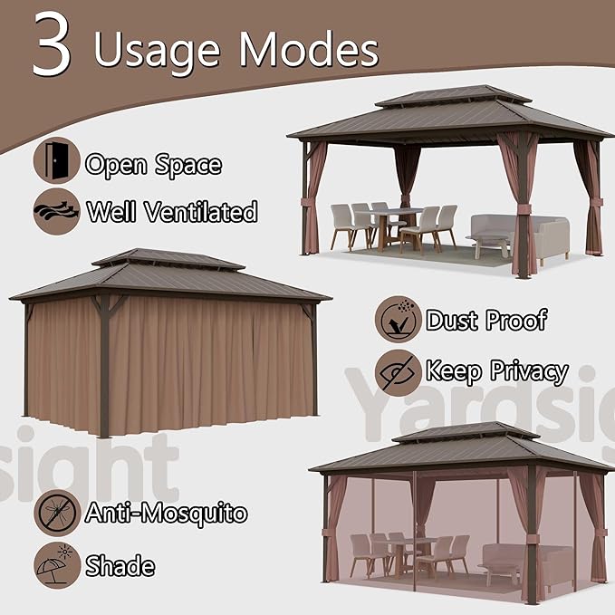 Hardtop Gazebo 10' x 10', Outdoor Aluminum Frame Galvanized Steel Double Roof Pavilion with Netting and Shaded Curtains, Permanent Metal Pergolas for Patio, Backyard, Deck and Lawns.