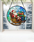 Stained Glass Window Hanging - Santa Claus Gift BoxSuncatcher for Doors Home Christmas Decoration Winter Sun Catcher Thanksgiving New Year Birthday Gift for Women Men Mom Nana 11.8 in