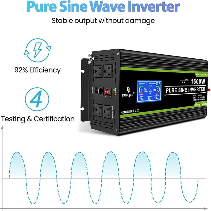 Novopal 1500 watt Pure Sine Wave Power Inverter DC 12V to 110V/120V Converter 4 AC Outlets Car Inverters with USB Port 16.4 Feet Remote Control and LCD Display