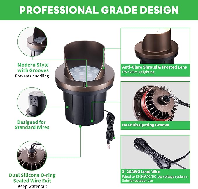 Landscape Well Light, LED Low Voltage In Ground Lights, IP67 Waterproof 12V Outdoor, Single Side 6W 420LM Aluminum ORB for Tree Fence 6 Pack