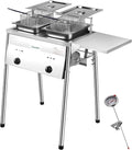 HOMIRA Stainless Steel Two-Tank Propane Deep Fryer with Thermometer, 2 Stainless Steel Baskets and Lids Fish Fryer with Adjustable Temperature Regulator, Outdoor Dual Fryer for Frying