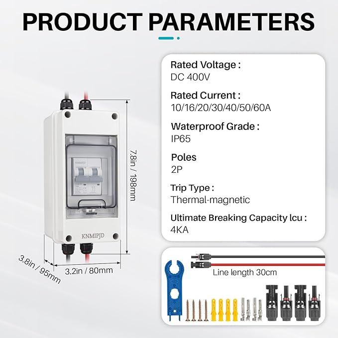 Solar Panel Disconnect Switch 10A 2P 400V Dc/AC Breaker Disconnect Box Outdoor Breaker Box Suitable for photovoltaic and Wind Energy Home Battery Systems (30 Amps)