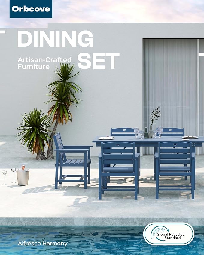 Patio Table and Chairs Set with Umbrella Hole, HDPE Patio Dining Set for 6, Outdoor Dining Set for Lawn, Patio, Porch, Deck, Poolside, Yard (Classic Blue, 7-Piece)