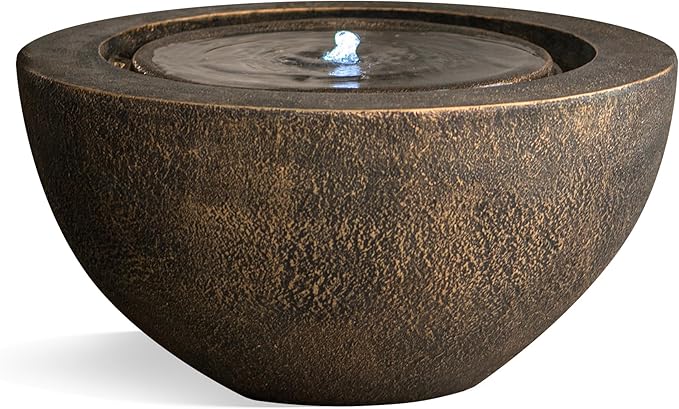 Xbrand 19.8" W Round Polyresin Indoor/Outdoor Sphere Water Fountain with LED Light, Garden/Patio Water Fountain Décor, Bronze