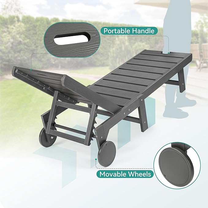 Outdoor Chaise Lounge Chairs with Table, 3-Piece, 26.8” Super Wide Lounge Chair Outdoor, HDPS Pool Chairs with 5 Positions, Patio Lounge Chair with Wheels for Pool,Lawn,Backyard, Dark Gray