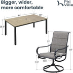 PHI VILLA Patio Dining Set for 6, Padded Textilene Swivel Dining Chairs & Brown Metal Slat Table Top with 1.6" Umbrella Hole, Rustproof Waterproof for All Weather,Outdoor Dining Set for Garden Yard