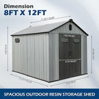 Domi 8×12ft Outdoor Resin Storage Shed - 578+ Cubic Ft Weatherproof Double-Wall Yard Shed with Carpet, Lockable Door and Skylight, Heavy-Duty Steel Frame Storage Building for Lawn Mower, Bike, Tools