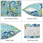 Magpie Fabrics Pack of 2 Indoor Outdoor Waterproof Throw Pillow Covers 18 x 18 Inch, Decorative Pillowcase Shell Cushion Sham for Garden Patio Tent Balcony Couch Sofa(Paisley Lapis Green)