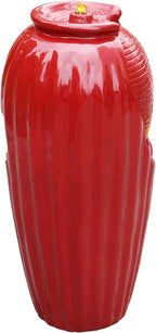 Teamson Home Glazed Vase Floor Freestanding Water Fountain with LED Lights and Pump for Outdoor Patio Backyard Deck Plant Garden Décor, 32 Inch Height, Red