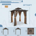 Aoxun 8'x 8' Hardtop Gazebo, Outdoor Polycarbonate Double Top Canopy, Aluminum Frame Gazebo with Netting and Curtains, Sunshade for Gardens, Patios, Lawns, Brown