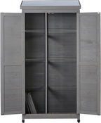 Stylish Grey & Solid Wood Outdoor Storage Shed – Durable Metal Top Vertical Tool Cabinet Ideal for Backyard, Garden, and Patio Organization
