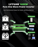 1600W Pure Sine Wave Power Inverters, LVYUAN 3000W Peak Power 12V DC to AC 120V Converter for Vehicle, RV, Off-Grid Solar, Remote Control 4 AC Outlets, 4 USB Ports Inverter with LCD Display