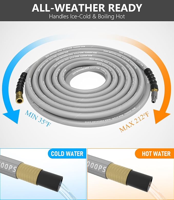 Pressure Washer Hose 100FT 4000 PSI, Kink Resistant Steel Braided Layer & NonMarking Rubber for Hot/Cold Water, High Power Washer Hose With 3/8 Inch Quick Connect & M22 Fitting, Gray