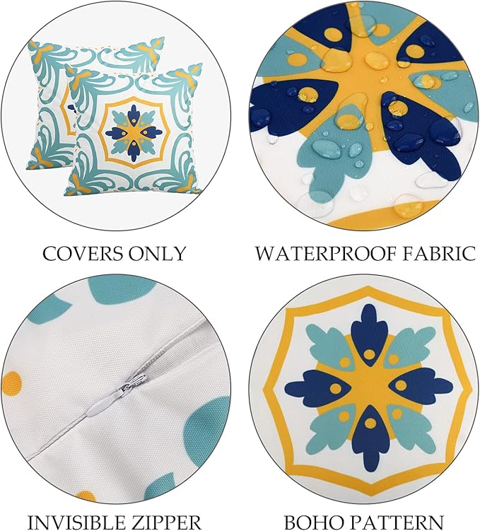 Outdoor Waterproof Throw Pillow Covers Set of 4 Floral Printed and Boho Farmhouse Outdoor Pillow Covers for Patio Funiture Garden 20x20 Inch Blue