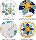 Outdoor Waterproof Throw Pillow Covers Set of 4 Floral Printed and Boho Farmhouse Outdoor Pillow Covers for Patio Funiture Garden 18x18 Inch Blue