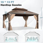 MELLCOM 10'x13' Hardtop Gazebo, Galvanized Steel Double Roof Metal Canopy with Aluminum Frame, Brown Permanent Patio Gazebos with Curtains and Netting for Patios, Gardens, Lawns