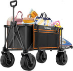 51" L Beach Wagon with 9" Sand Wheels,260L Collapsible Beach Cart with Rear Tailgate,Heavy Duty Wagon for Sand, Camping, Fishing and Sport,Black