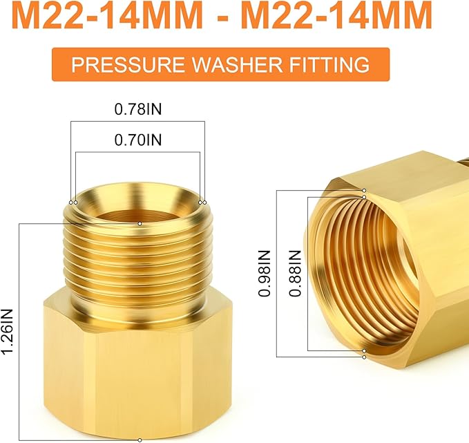 GASHER 5Pcs Brass M22 Pressure Washer Fitting,M22-14mm Male x M22-14mm Female Thread Fittings,For Pressure Washer Hose