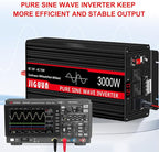 JIGUUN Pure sine Wave Inverter 3000W, 12V to 110V Power Inverter Converter with 4 AC sockets, USB Output and LED Display for RV Camping Emergency Household appliances (3000WPRO)