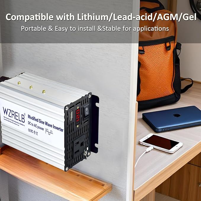 WZRELB 500W Power Inverter 12V DC to 110V 120V AC,Modified Sine Wave Car Inverter for Vehicles with LED Display,5V/2.4A USB Port,Soft Starter,Off-Grid Power Converter with High Efficiency up to 90%