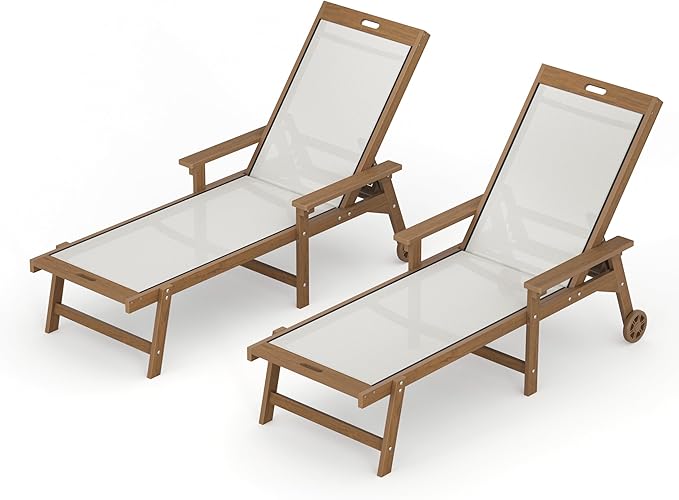 LUE BONA Chaise Lounge Chair Outdoor Set of 2, HDPS and HDPE Wicker Chaise Lounger with 5 Positions, Pool Lounge Chairs with Wheels and Adjustable Backrest for Patio, Poolside, Deck, Backyard