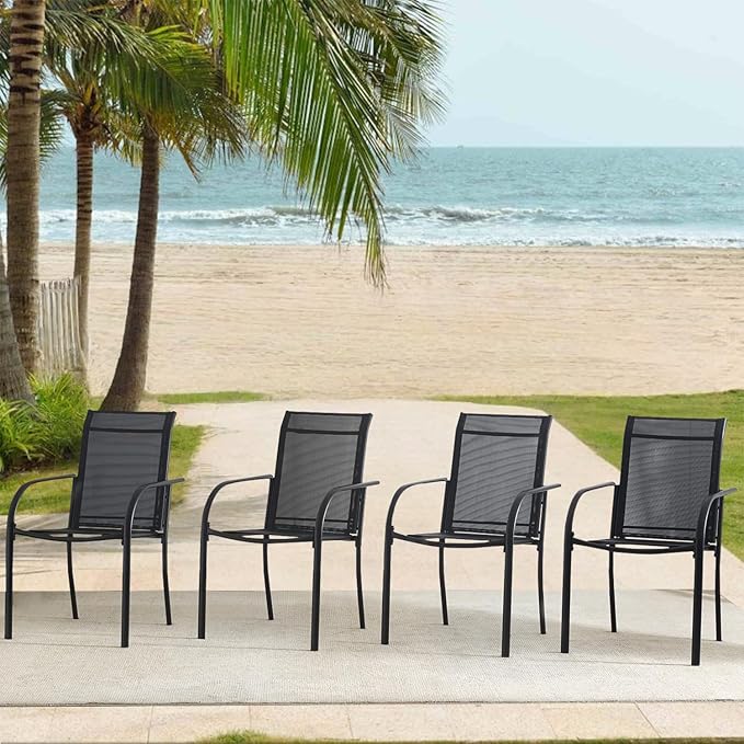 Outdoor Dining Chairs Set of 6, Stackable Patio Chairs with Textilene Fabric, Lightweight Garden Chairs for Poolside, Backyard, Camping, Black