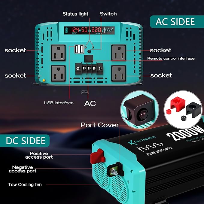 2000W Pure Sine Wave Inverter 12V DC to 120V AC for RV, Truck, Off-Grid, Home, Solar Car Power Inverter with Dual AC Hardwire Port, 50A Socket, 5V 2.1A USB
