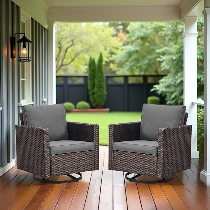 Luxury Outdoor Swivel Rocker Patio Chairs Set of 2, Swivel Patio Chairs for Porch, Yard, Deck, Poolside, Brown/Grey
