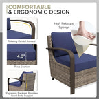 COOS BAY Aurora Terrace Outdoor Chairs with Cushions, Wicker Dining Set with Deep 4-Inch Seating, Modern Curved Armrest Porch Chairs, Set of 2, Beige/Blue