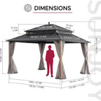 SUNJOY Kingston 14' x 12' Hardtop Gazebo with Galvanized Steel Double Roof, Curtain and Netting, Woodgrain Finish Aluminum Posts Permanent Pavilion Gazebo for Garden, Patio, Deck, Lawn