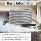 Giraffe Tools Pressure Washer Hose 50FT X 1/4", 3200 PSI Pressure Washing Hose, Kink Resistant, Heavy Duty Power Washer Hose, M22 to 3/8" Quick Connect Couplers for Replacement, 7 Accessories