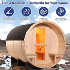 Outdoor Sauna 6-8 Person, Canadian Pinewood Barrel Sauna with Porch, ETL 6KW Toule Heater, Waterproof System, Asphalt Shingles, Rubber Base(0-195℉)