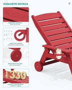 SERWALL Patio Chaise Lounge Chair Set of 2, 78'' Long 5-Positions Adjustable HDPE Outdoor Lounge Chair for Pool, Poly Lounge Chair with Rolling Wheels & Cup Holder for Poolside, Deck, Bright Red