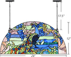 Bieye W10093 Peacock in Garden Tiffany Style Stained Glass Window Panel for Home Decor (Blue, 24Wx12H Half-Round)