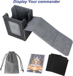 AFIING MTG Deck Box for Commander Display,Card Deck Box Fits 100 Double Sleeved Cards, Magic Commander TCG Card Storage Box with 2 Dividers,Drawstring Bag and 1 Toploader(Black/grey)