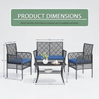 4-Piece Patio Furniture Set, Weather-Resistant Rattan Patio Conversation Set with Two-Tier Coffee Table, Upholstered Openwork Wicker Furniture for Porch, Garden, Lawn, Blue