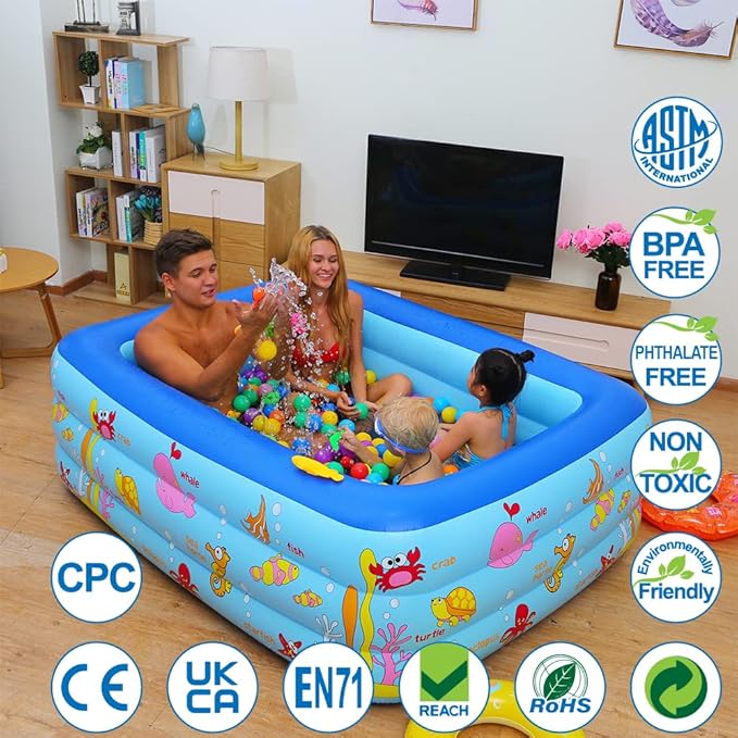 Inflatable Swimming Pool with Inflatable Soft Floor, 70" x 55" x 24" Blow Up Pool for Kids and Adults, Ocean World Kiddie Pool for Backyard, Garden, Outdoor, Party