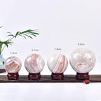 JIC Gem Natural Pink Agate Crystal Sphere Pink Crystal Decorative Ball with Wooden Stand Meditation Balls for Witchcraft Reiki Healing Gift 50-60mm